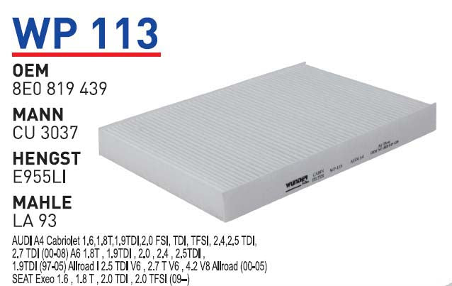 A4 A6 1.8 1.8T 2.0 2.0TDI 2.4 2.5TDI 2.7TDI Polen Filtresi 8E0819439