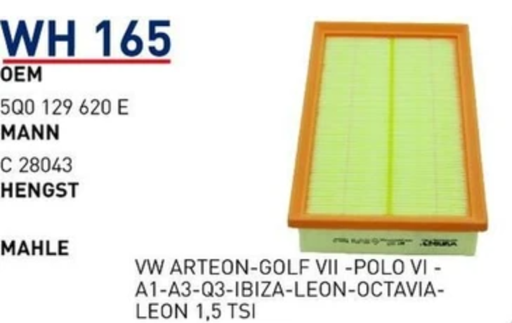 Golf 7.5 1.5 TSI Polo 6 Hava Filtresi 5q0129620e